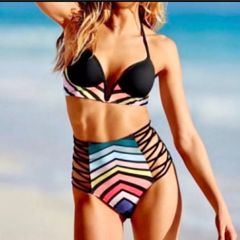PINK Hi-Waist Strappy Bikini Set Multicoloured Med